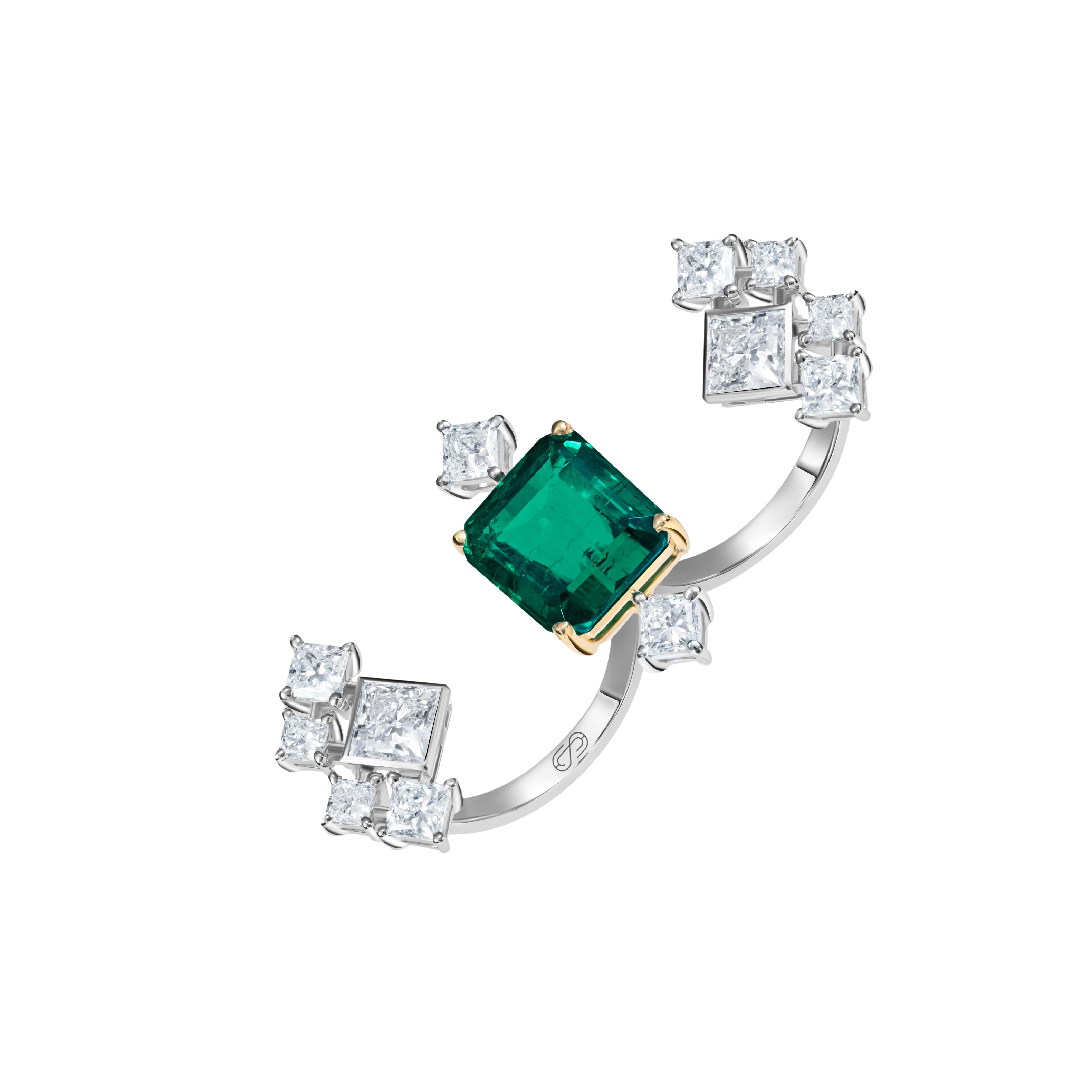 "COSMIC GREEN" EMERALD DOUBLE RING 
18k White Gold / 5.194 CTW
