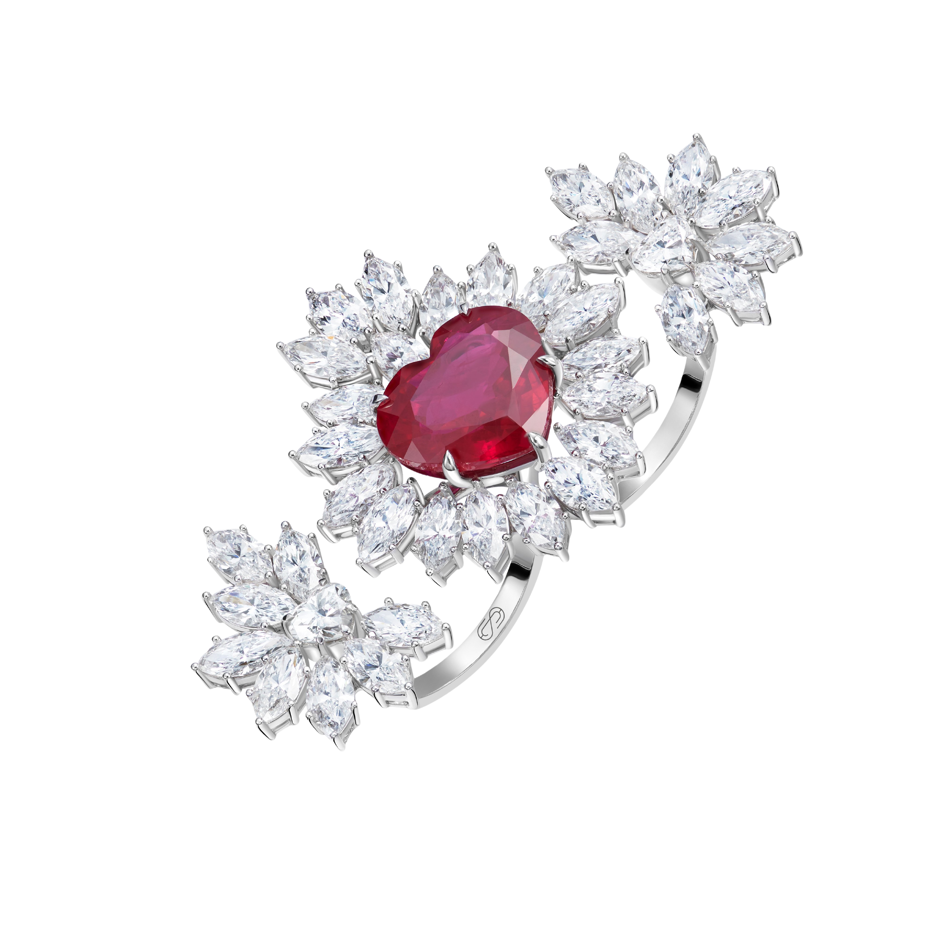 "HEART RAYS"  RUBY DOUBLE RING
18k White Gold / 11.494 CTW