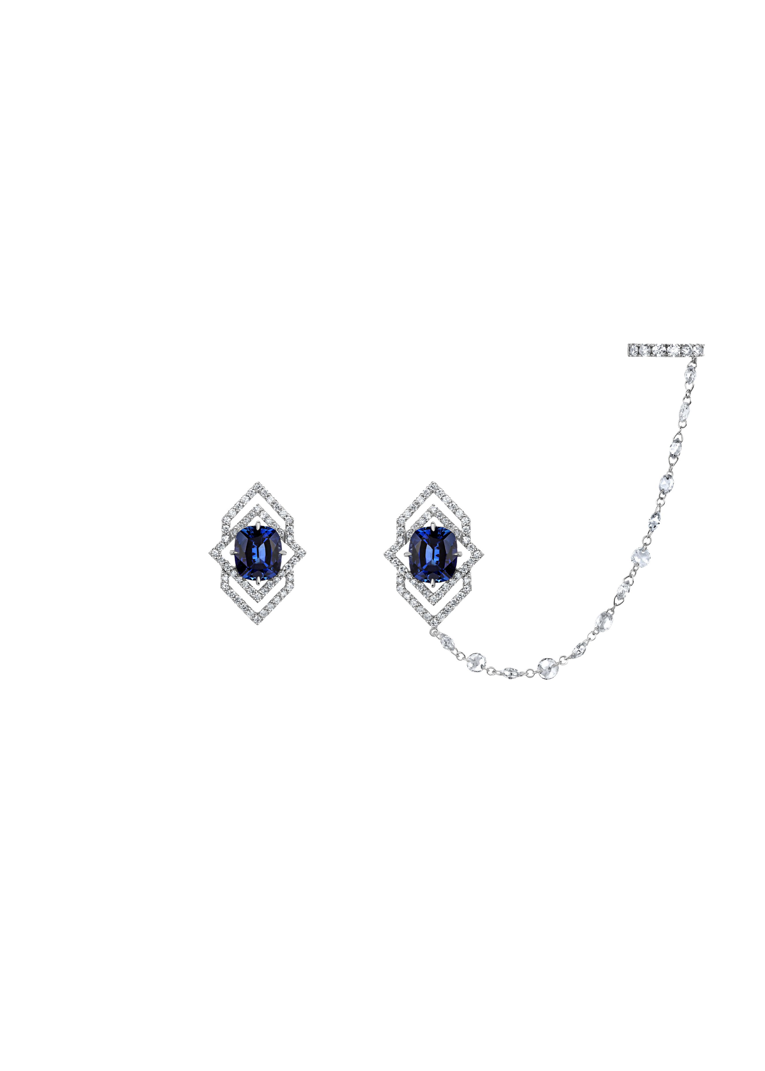 "THE BLUE EYE" SAPPHIRE EARRING/EARCUFF/ 5.454 CTW
 18K White Gold