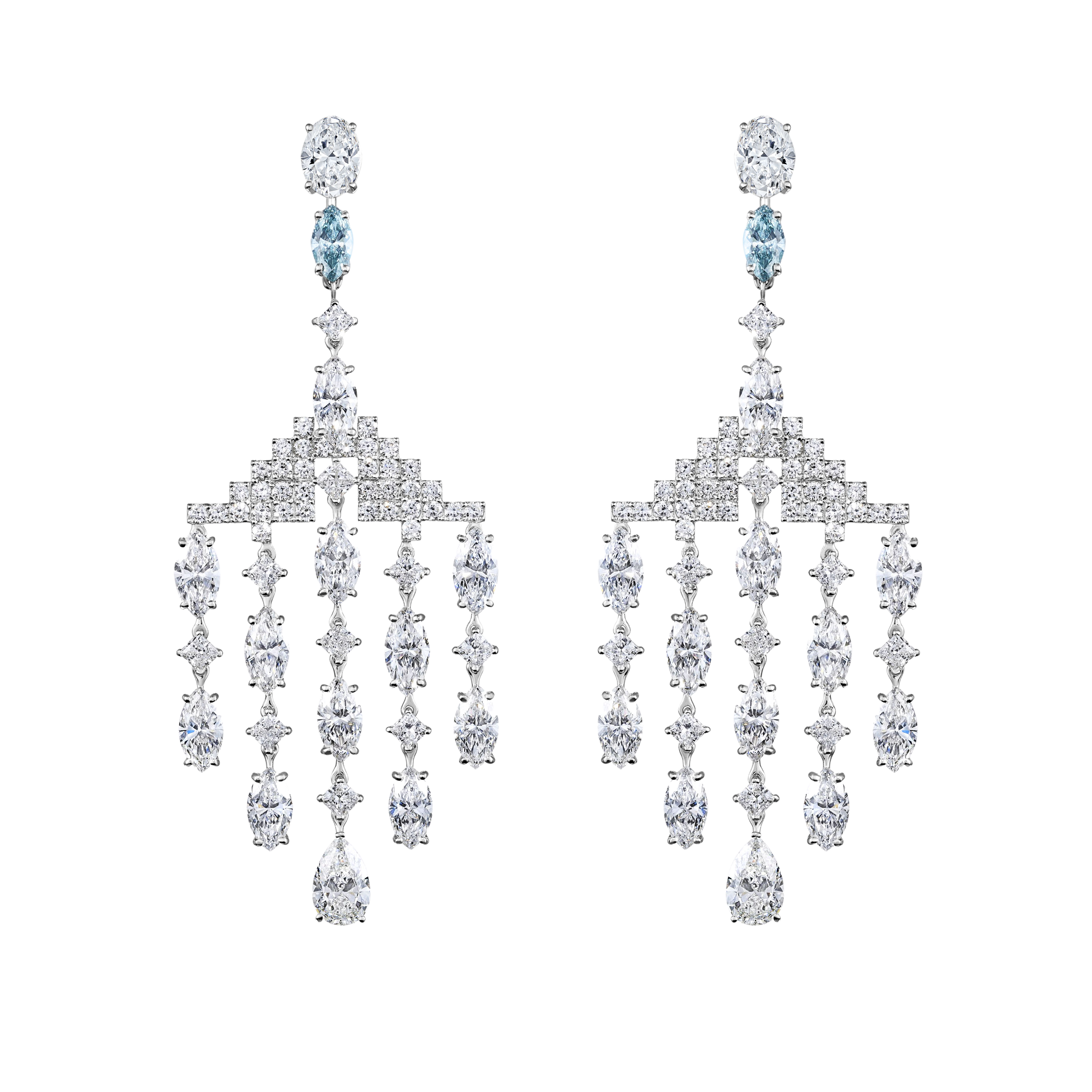 "COSMIC RAYS" BLUE DIAMOND "CHANDELIER" EARRINGS  / 20.56 CTW
 18K White Gold