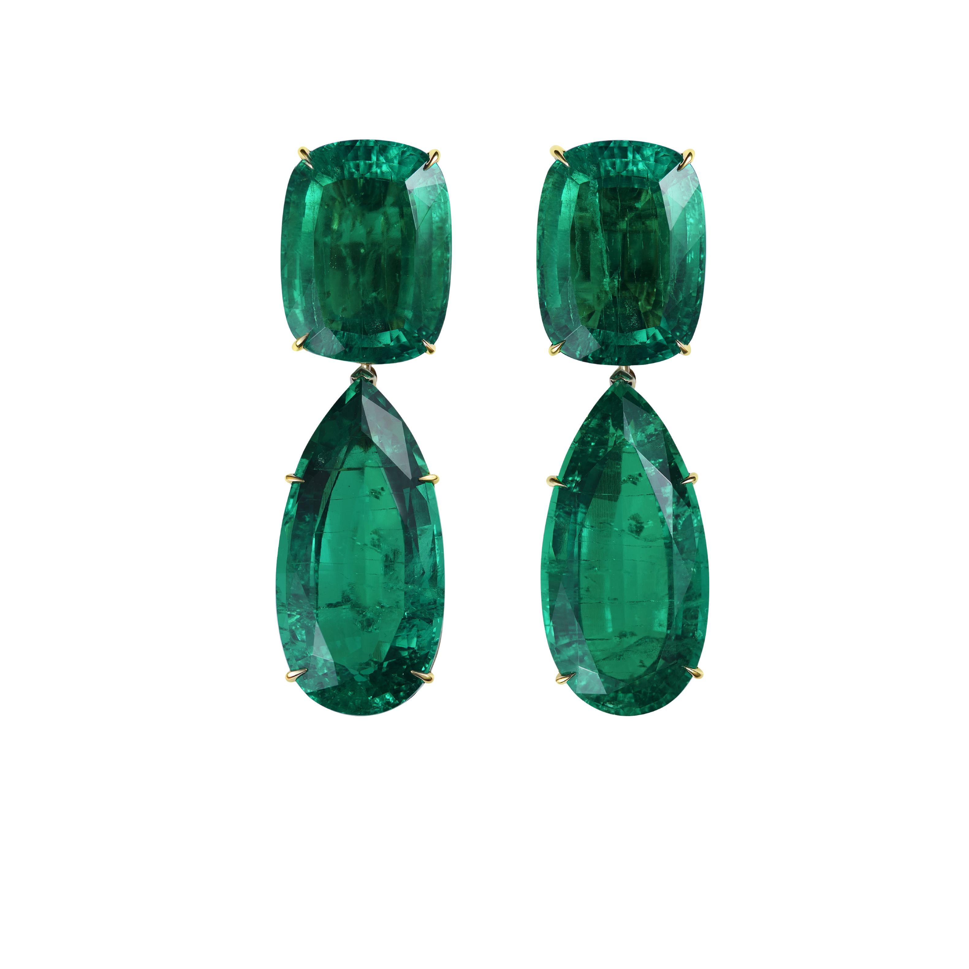 "GREEN BURST" EMERALD EARRINGS / 93.690 CTW
 18K Yellow Gold