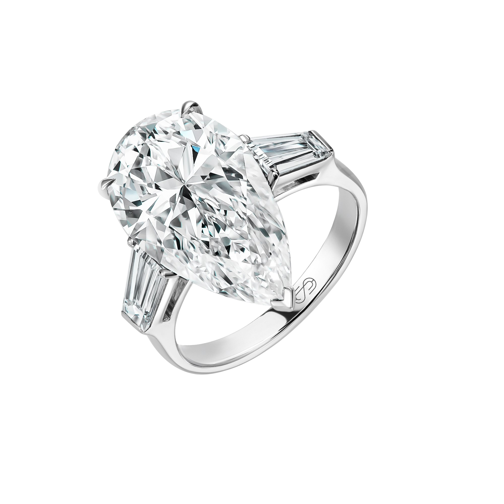PEAR THREE STONE ENGAGEMENT RING 
 18k White Gold / 11.01 CTW
