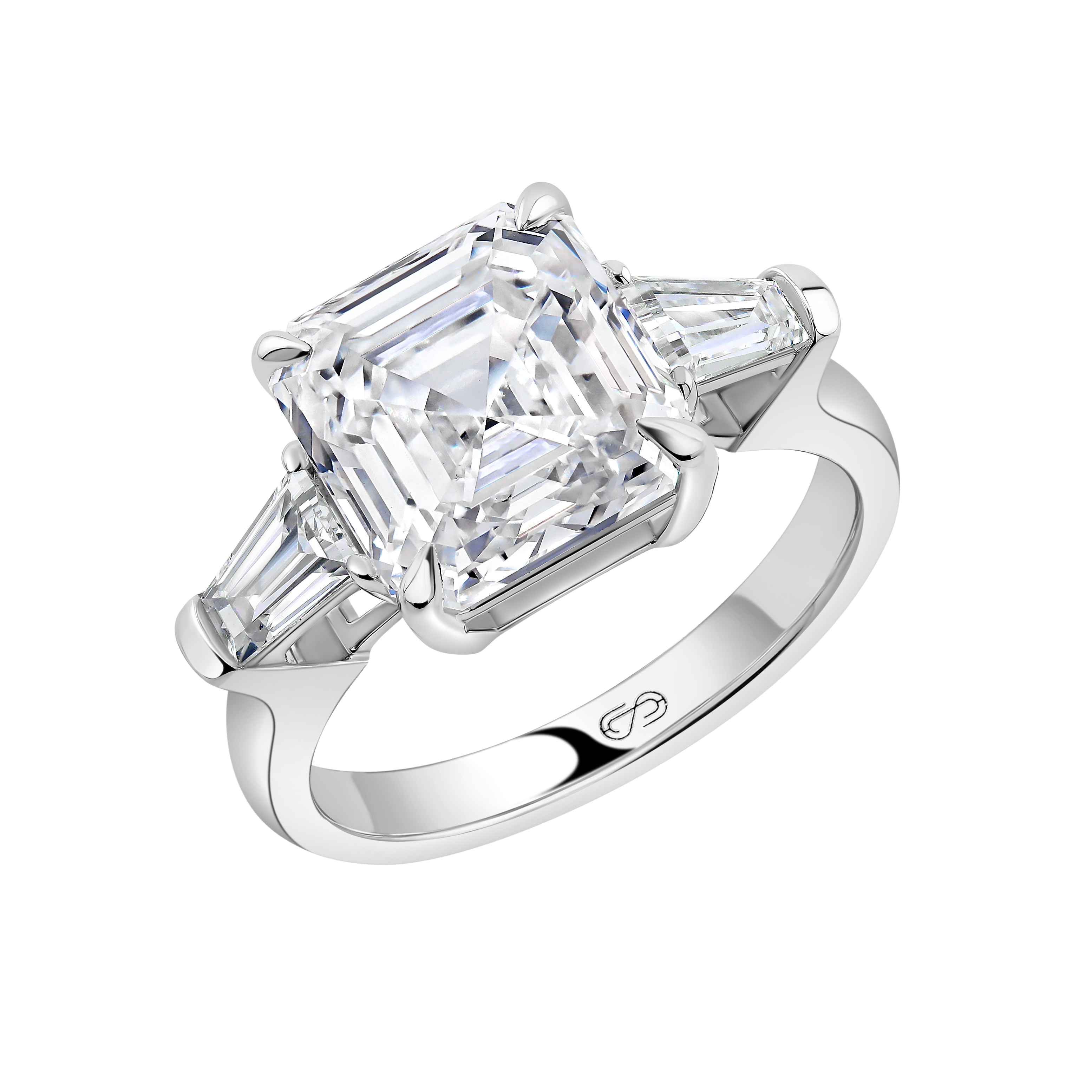 ASSCHER THREE STONE ENGAGEMENT RING 
 5.03 CTW  18k White Gold 