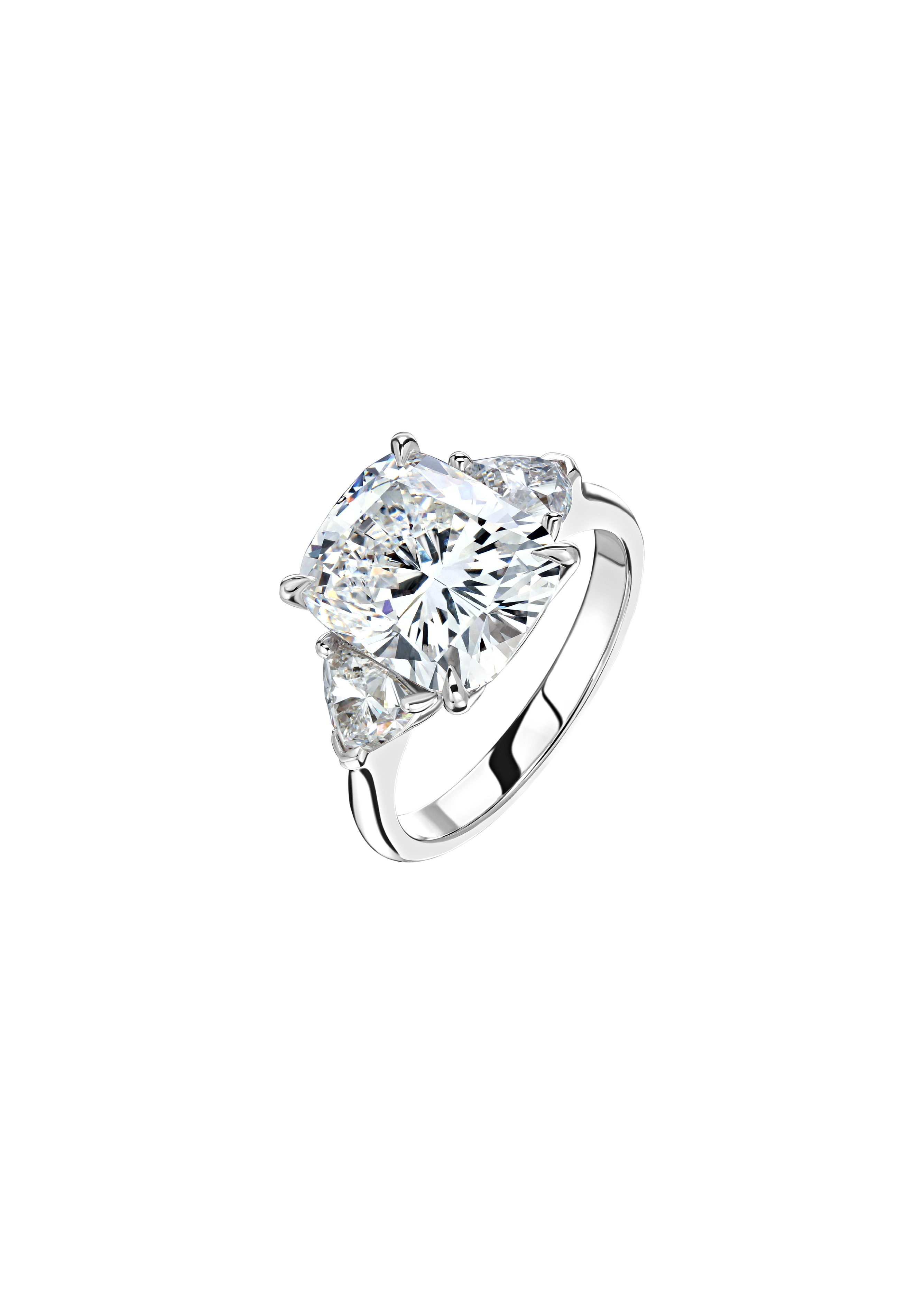 CUSHION THREE STONE ENGAGEMENT RING 
 18k White Gold / 5.16 CTW
