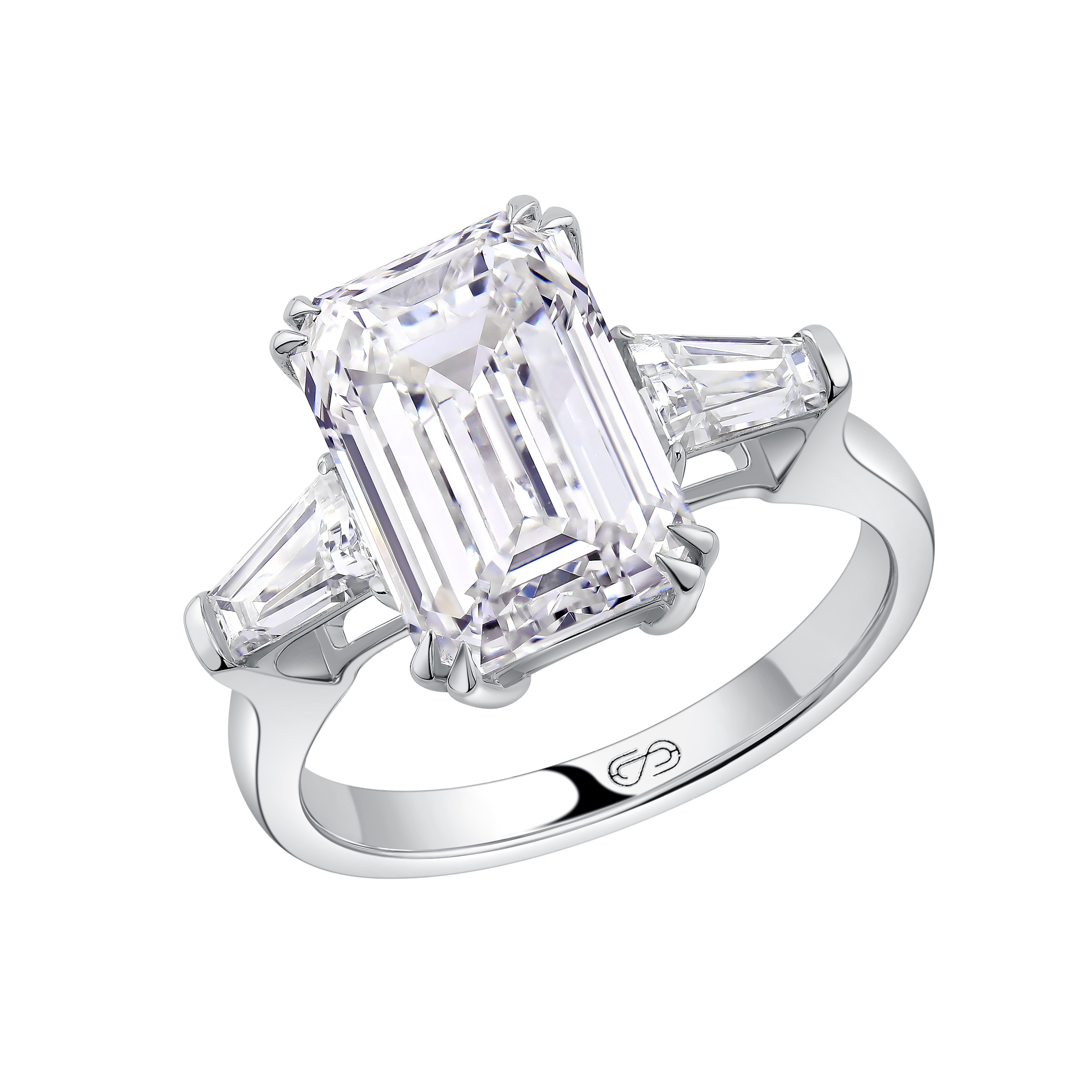 EMERALD THREE STONE ENGAGEMENT RING 
 5.03 CTW  18k White Gold 