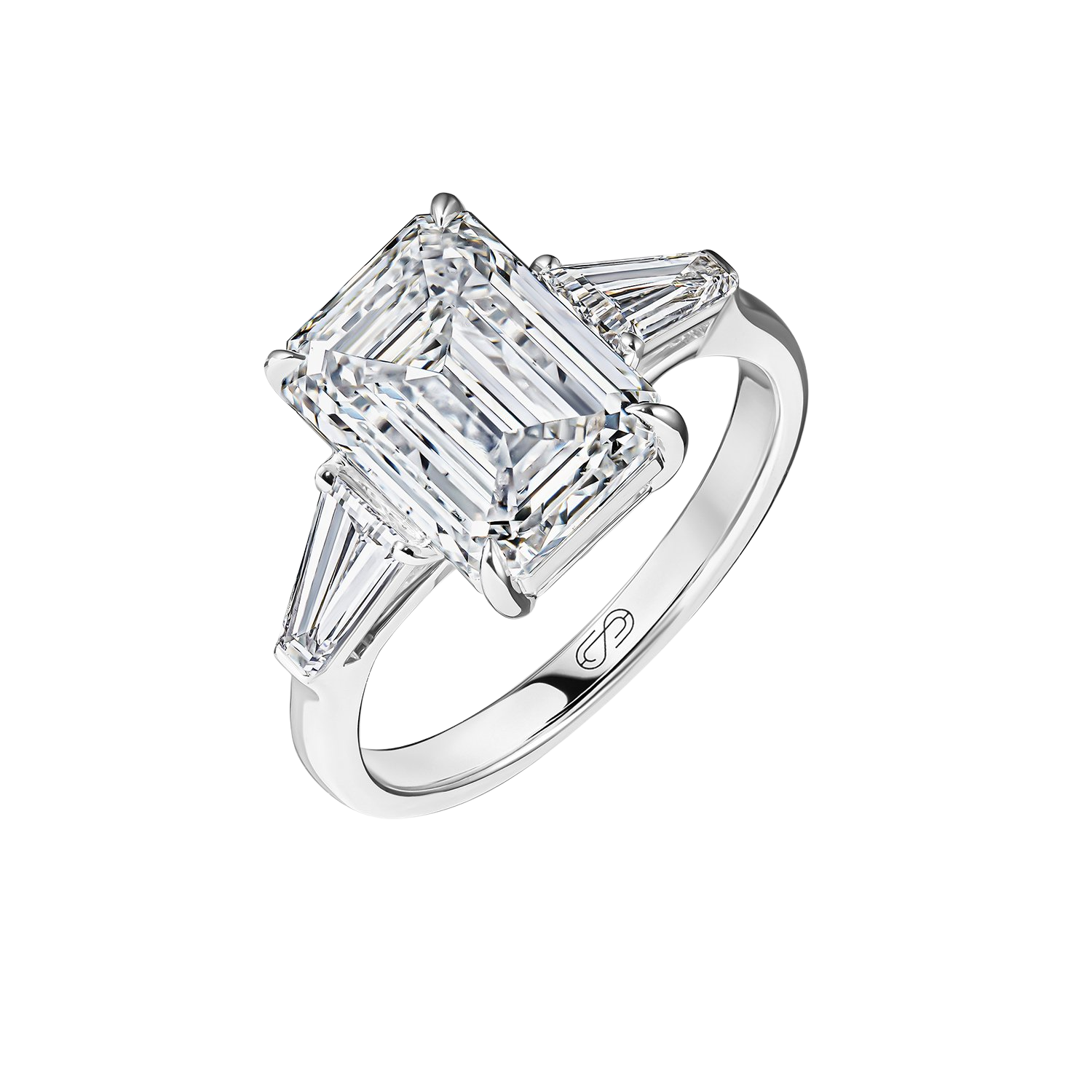 EMERALD THREE STONE ENGAGEMENT RING 
 5.11 CTW  18k White Gold /