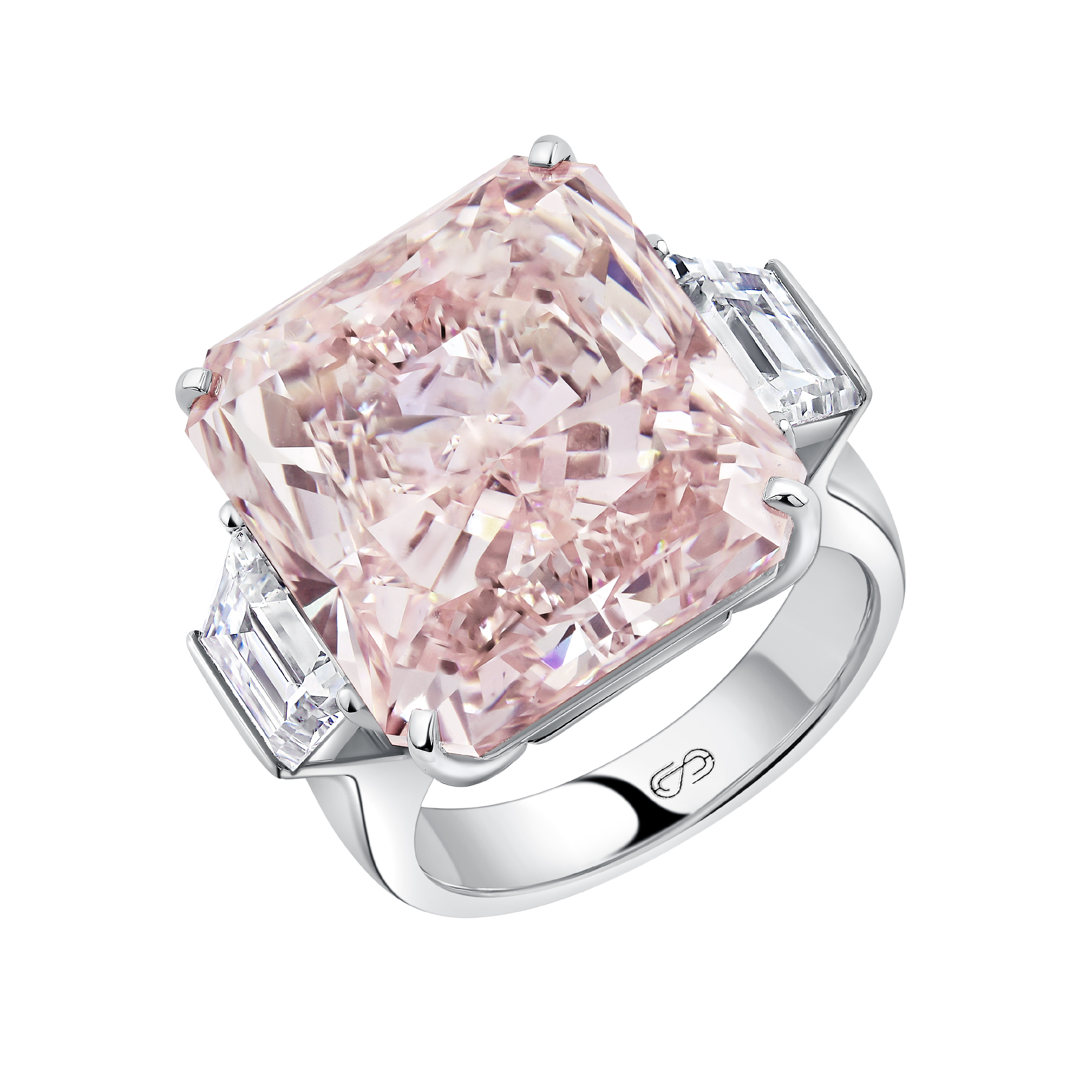  PINK RADIANT THREE STONE ENGAGEMENT RING 
 20.04 CTW  18k White Gold 