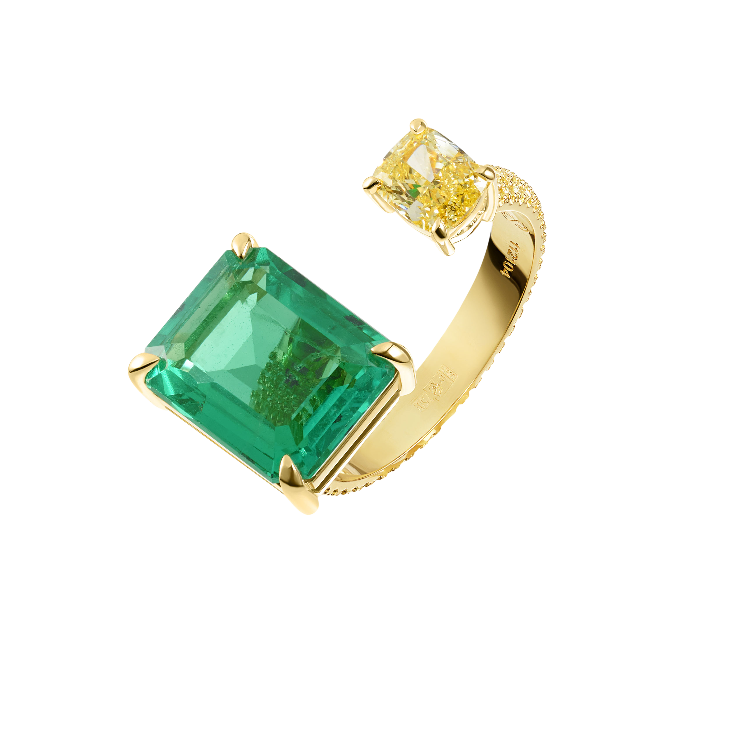 "CO-ORBITAL" YELLOW DIAMOND AND EMERALD HUG RING / 5.51 CTW
18K Yellow Gold
